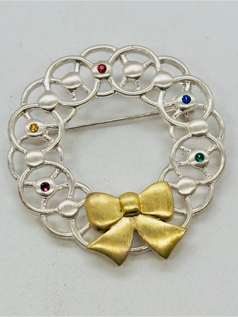 Vintage Silver Tone Satin Wreath Brooch Pin Rhinestone Gold Tone Bow Christmas